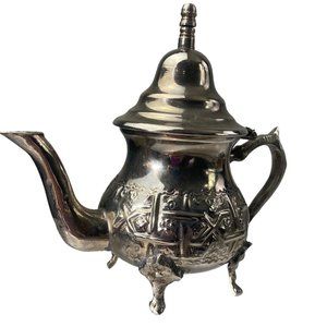 Vintage Moroccan Small Tea Pot Metal Footed Kettle 6” Stamped
